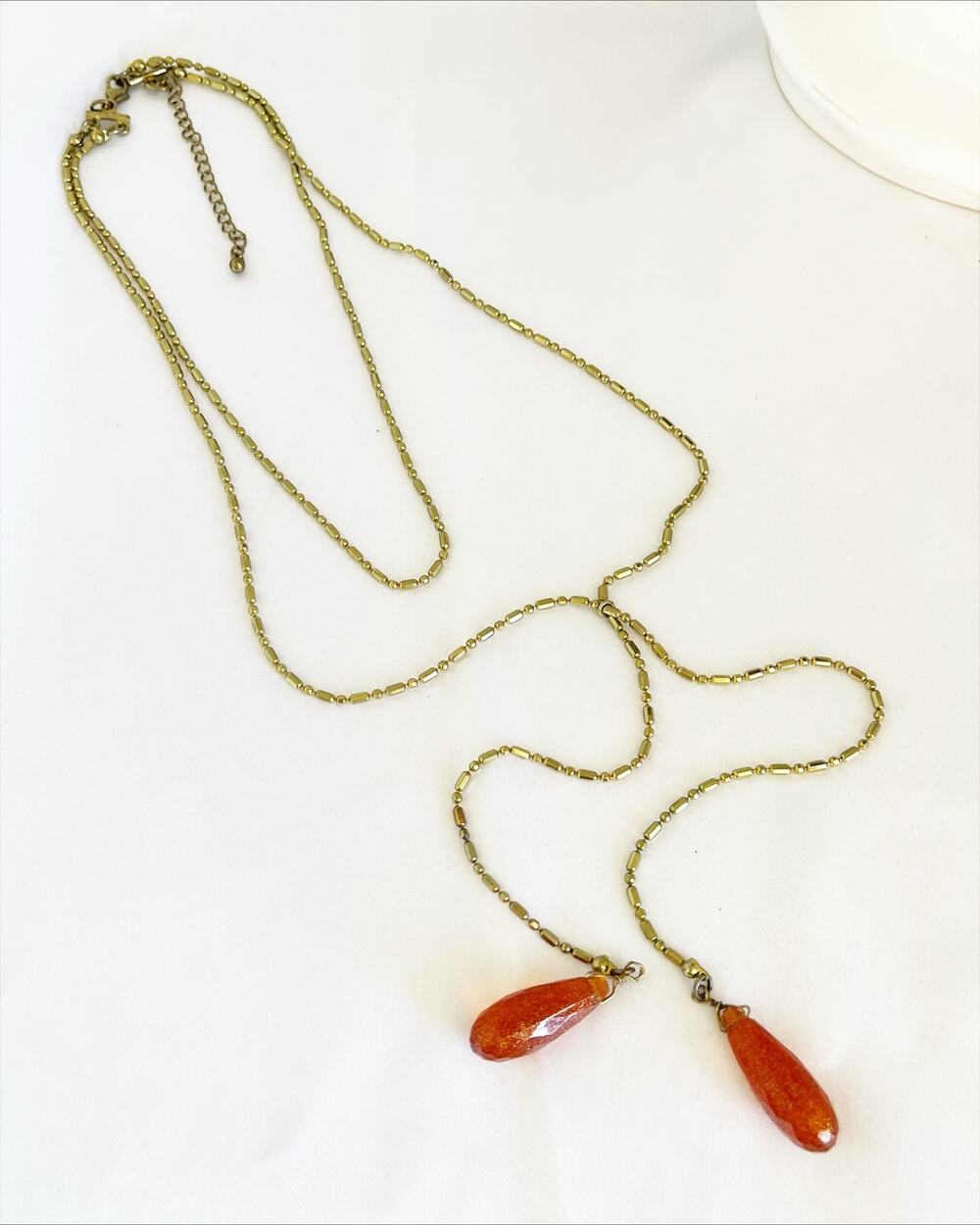 VINTAGE Lariat Necklace Brass Tone Snail Beaded Chain Orange Pendants Costume